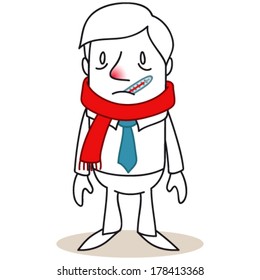 Vector illustration of a monochrome cartoon character: Sick businessman with scarf and thermometer.