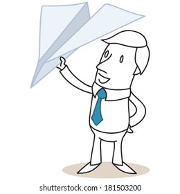 Vector illustration of a monochrome cartoon character: Businessman holding a paper plane.