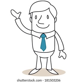 Vector illustration of a monochrome cartoon character: Friendly businessman standing and waving.