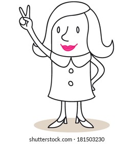 Vector illustration of a monochrome cartoon character: Friendly business woman showing victorious hand sign.