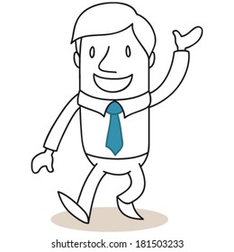 Vector illustration of a monochrome cartoon character: Laughing businessman walking and greeting.