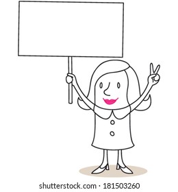 Vector illustration of a monochrome cartoon character: Protesting woman holding up blank sign and showing victorious hand sign.