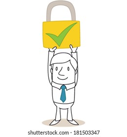 Vector illustration of a monochrome cartoon character: Businessman holding up safety lock with green check mark.