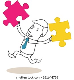 Vector illustration of a monochrome cartoon character: Running businessman holding up two colorful jigsaw puzzle pieces.