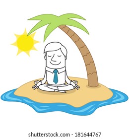 Vector illustration of a monochrome cartoon character: Calm and relaxed businessman sitting and meditating on the beach of a tropical island.