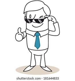 Vector illustration of a monochrome cartoon character: Winking businessman pulling down his sunglasses and giving the thumbs up.