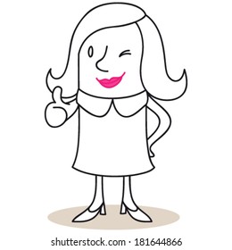 Vector Illustration Of A Monochrome Cartoon Character: Business Woman Winking And Giving The Thumbs Up.