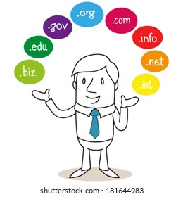 Vector illustration of a monochrome cartoon character: Businessman explaining and presenting colorful bubbles around him reading domain names.