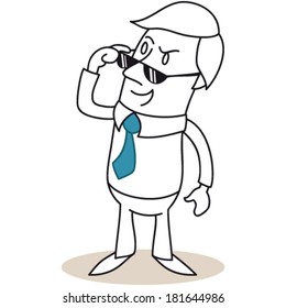 Vector illustration of a monochrome cartoon character: Businessman glancing over the rim of his sunglasses.