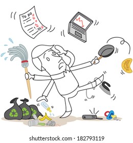 Vector illustration of a monochrome cartoon character: Man failing to multitask, trying to cook, work and clean.