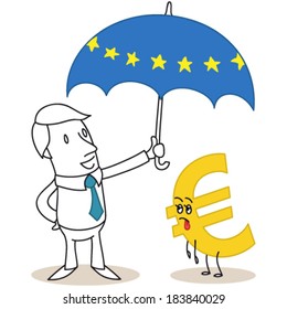 Vector illustration of a monochrome cartoon character: Businessman holding EU umbrella over exhausted euro sign.