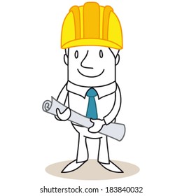 Vector Illustration Of A Monochrome Cartoon Character: Architect, Construction Manager Smiling And Holding Rolled Up Plans.