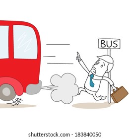 Vector illustration of a monochrome cartoon character: Businessman with briefcase arriving too late at bus stop.