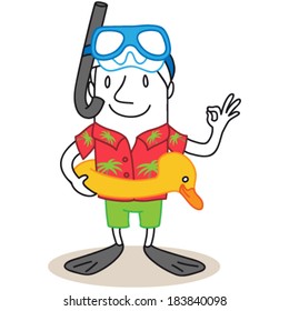 Vector illustration of a monochrome cartoon character: Tourist wearing hawaiian shirt, diving goggles, snorkel and flippers showing positive hand sign.