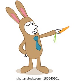 Vector illustration of a monochrome cartoon character: Businessman dressed up as easter bunny pointing with carrot.