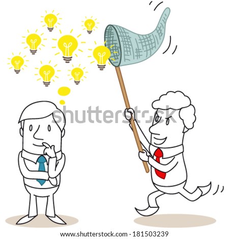 Vector illustration of a monochrome cartoon character: Businessman trying to steal ideas symbolized by light bulbs another businessman created.