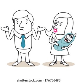 Vector illustration of monochrome cartoon characters: Doubtful looking man and angry looking woman with crying baby discussing fatherhood (JPEG version also available).