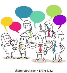 Vector illustration of monochrome cartoon characters: Group of business people having conversations and colorful speech balloons.