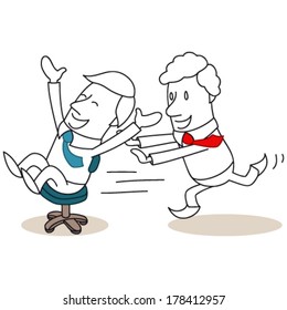 Vector illustration of monochrome cartoon characters: Businessman pushing colleague sitting in office chair having fun.