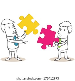 Vector illustration of monochrome cartoon characters: Two businessmen trying to put together two jigsaw pieces.
