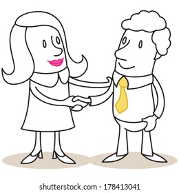 Vector illustration of monochrome cartoon characters: Business woman and man shaking hands.