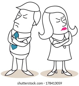 Vector illustration of monochrome cartoon characters: Offended businessman and woman both mad at each other with crossed arms.