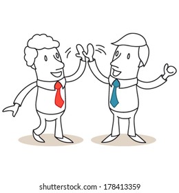 Vector illustration of monochrome cartoon characters: Two business people smiling and high-fiving.