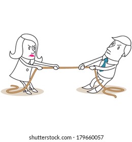 Vector illustration of monochrome cartoon characters: Businessman and business woman rope pulling.