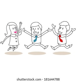 Ilustração vetorial de personagens de desenhos animados monocromáticos: pessoas de negócios felizes saltando e comemorando.