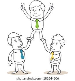 Vector illustration of monochrome cartoon characters: Business people holding up colleague who is showing victorious hand signs.
