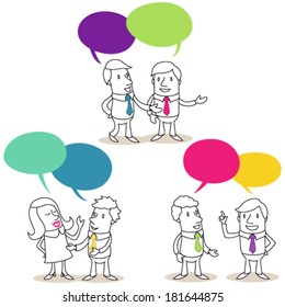 Vector illustration of monochrome cartoon characters: Set of pairs of business people with colorful speech bubbles having conversations.