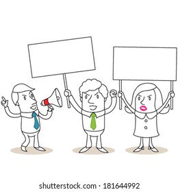 Vector illustration of monochrome cartoon characters: Group of angry business people protesting and holding up blank signs.