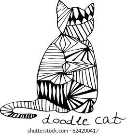 Vector illustration of monochrome cat in doodle style. Black and white doodle cat