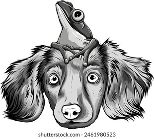 vector illustration of monochrome dog and frog cartoon
