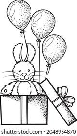Vector illustration, monochrome drawing, toy bunny in a gift box with balloons on a transparent background