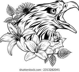 Vector illustration of monochrome eagle head with flower