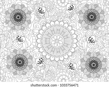 Vector illustration Monochrome Floral Pattern. Hand Drawn Floral Texture, Decorative Flowers, Coloring Book