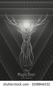 Vector illustration of monochrome geometric deer constructed with branching lines. Abstract vector of deer in the form of a mystic silhouette with points and lines. Wireframe concept of deer.