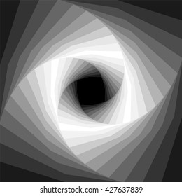 Vector Illustration. Monochrome Geometric Helix Shimmering from Dark to Light Tones and  Expanding from the Center. Optical Illusion of Depth and Volume. Suitable for Web Design.