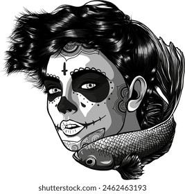 vector illustration of monochrome girl with fish in her hair