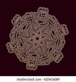 Vector illustration of monochrome golden round mandala on black background. Hand drawn flat thin line art design for card, cloth, fabric, invitation, book, serviette, wedding, logo, tattoo