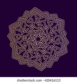 Vector illustration of monochrome golden round mandala on dark purple background. Hand drawn flat thin line art design for card, cloth, fabric, invitation, book, serviette, wedding, logo, tattoo