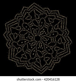 Vector illustration of monochrome golden round mandala on black background with dot, star, bead. Hand drawn flat thin line art design for card, cloth, fabric, invitation, book, serviette, wedding