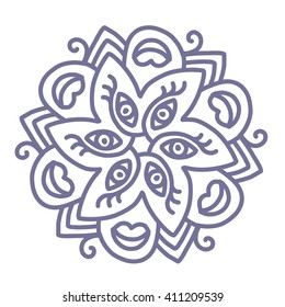 Vector illustration of monochrome gray round mandala on white background. Hand drawn flat thin line art design for card, cloth, fabric, invitation, coloring book, wedding, logo, tattoo, medallion