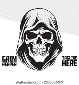 Vector Illustration of a Monochrome Grim Reaper: Death, Skull, Skeleton, Face, Hand-Drawn Design Element for Logo, Label, Emblem, Sign, Brand Mark, Poster, T-Shirt Print.
