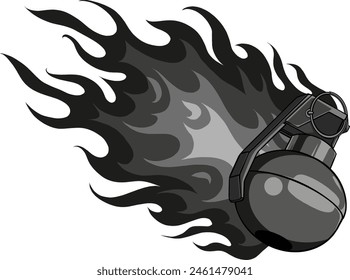 vector illustration of monochrome hand grenade with flames