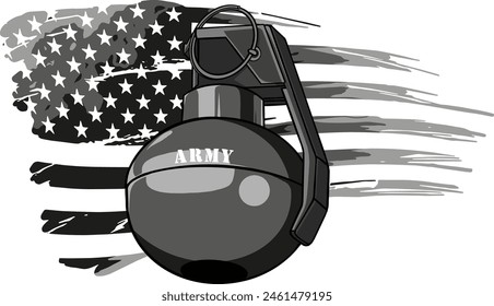 vector illustration of monochrome hand grenade with american flag