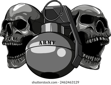 vector illustration of monochrome hand grenade with skulls