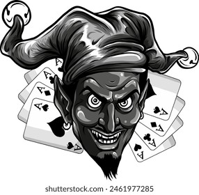 vector illustration of Monochrome Jester s mask with cards