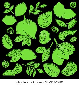Vector illustration with monochrome lemons on a black background. Doodle drawing style.